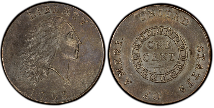 1793 Flowing Hair Cent. Chain Reverse. S-1. AMERI.  MS-61 BN (PCGS). 